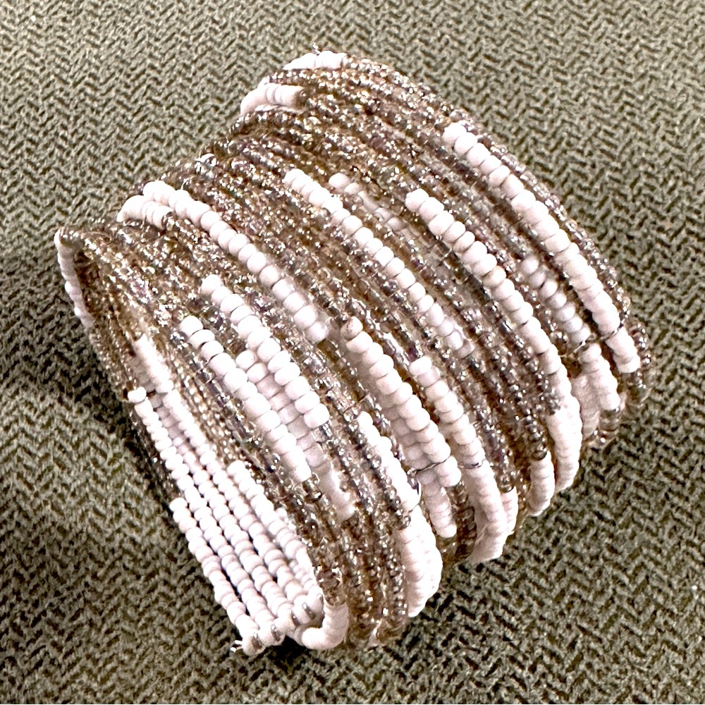 White and Silver Multi-Layered Beaded Coiled Cuff Bracelet